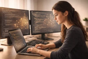 Junge Softwareentwicklerin programmiert an einem Laptop vor Bildschirmen mit Code und neuronalen Netzwerkvisualisierungen